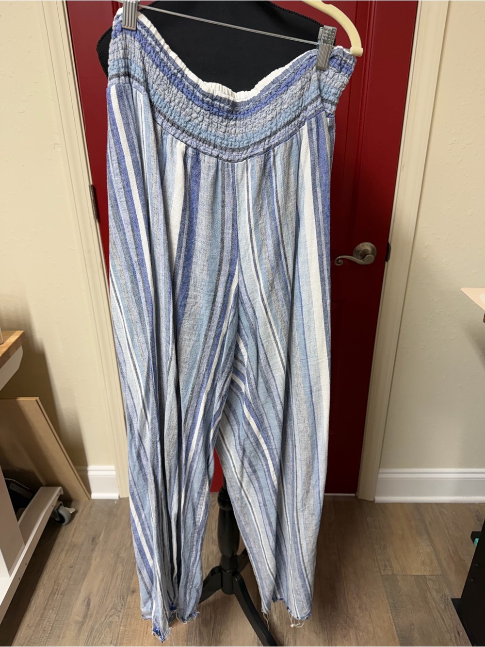 Cato Blue and White Striped Smocked-Waist Wide-Leg Pants